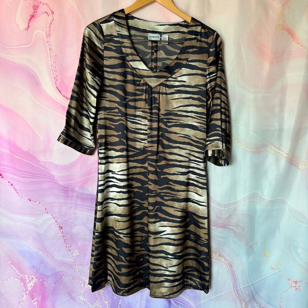 Chico's S Tiger Stripes Animal Print 3/4 Sleeve Satin Dress Preppy Luxury Classy